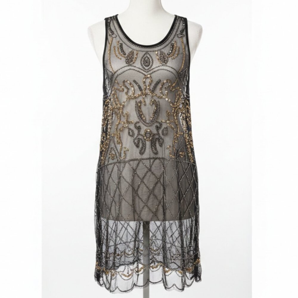 ✨ Free People Black & Gold Embellished Mesh Midi Dress ✨
